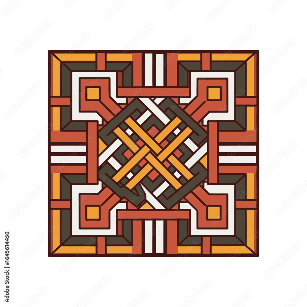 Poster geometric pattern featuring interwoven lines and shapes in various colors forming a square.