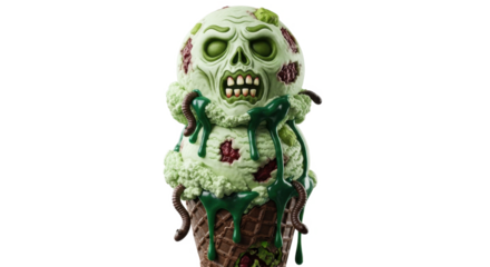 A grotesque zombie-head ice cream cone, dripping green goo and decorated with worms and leaves.