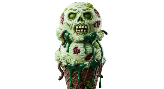 A grotesque zombie-head ice cream cone, dripping green goo and decorated with worms and leaves.