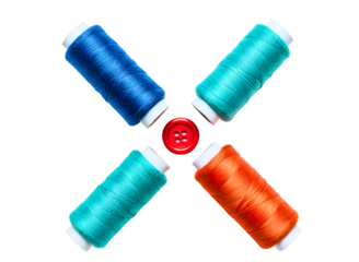 Four colorful spools of thread arranged in a cross shape with a red button in the center isolated on transparent background