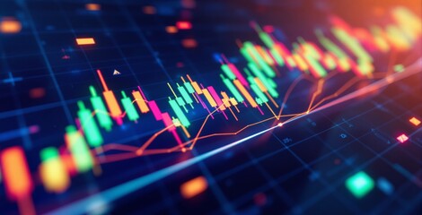Colorful candlestick chart and glowing data lines on futuristic digital screen, illustrating business analytics and financial market concept. Ai generative