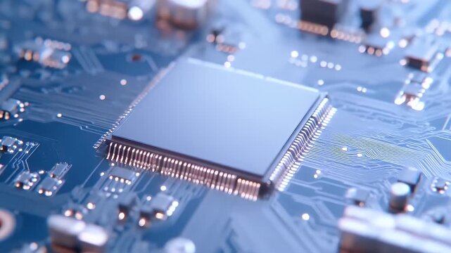 青色の背景にクローズアップされた電子回路基板のマイクロチップとプロセッサテクノロジーの未来的な半導体設計