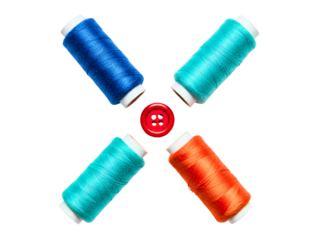 Four colorful spools of thread arranged in a cross shape with a red button in the center isolated on transparent background