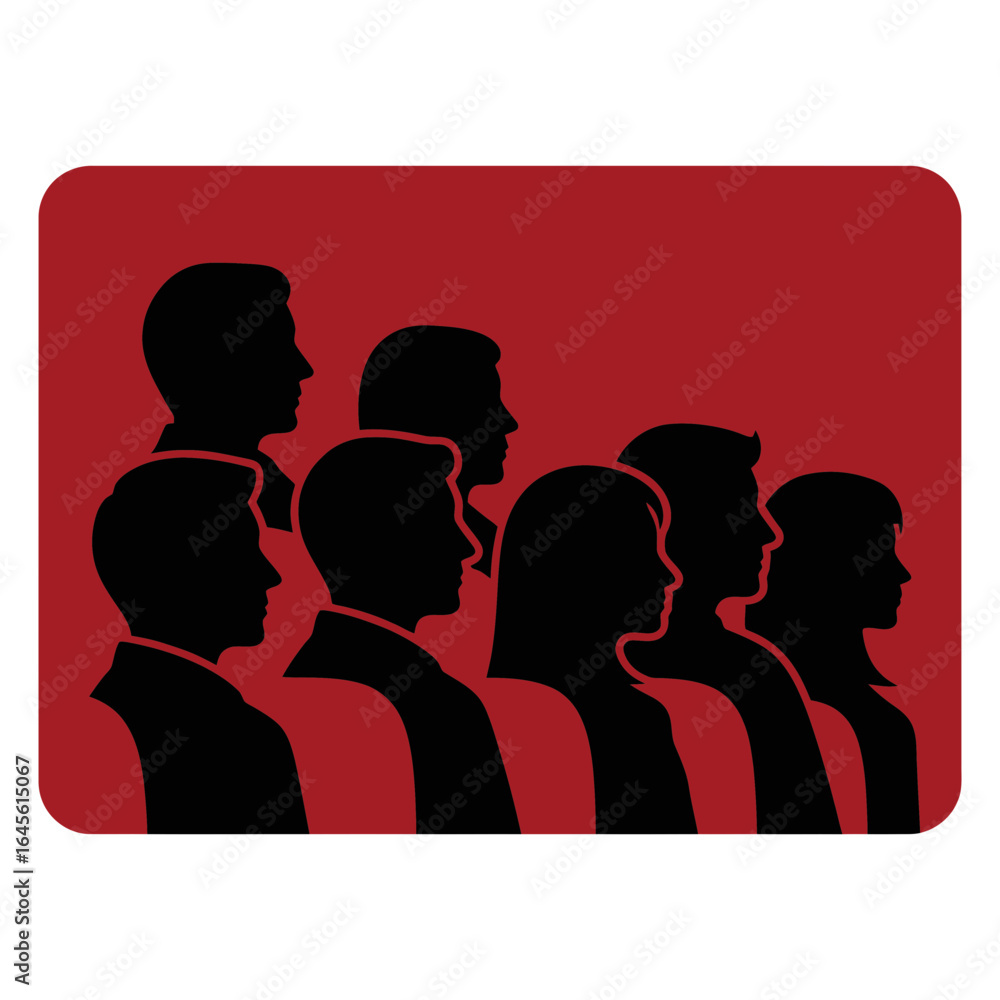 Poster silhouetted people in profile view grouped together inside a rectangular shape.