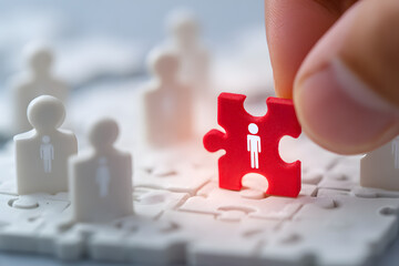 Hand is placing red puzzle piece among white puzzle pieces featuring human icons, symbolizing concept of human resources and team building. This conveys idea of finding right fit in workforce