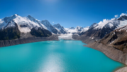 Turquoise glacial lake surrounded by snow-capped mountains under clear blue sky
