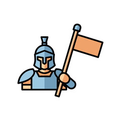 A cartoon knight holds a flag wearing armor with a helmet.