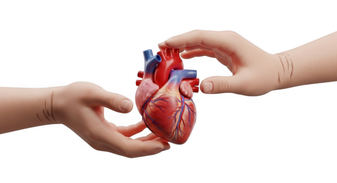 3d icon of human heart held in hands isolated on transparent background, representing cardiology, health, medicine, and the importance of organ donation and transplant