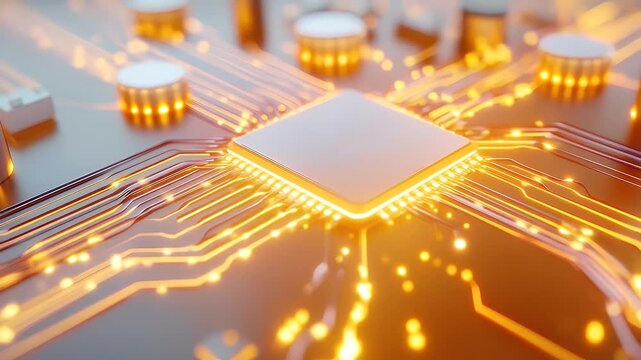 抽象的なオレンジ色の回路基板とマイクロチップの詳細 近未来的な技術 設計と接続が強調されたハイテクシステムのイメージ