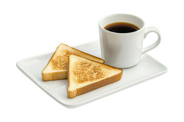 Toast and Coffee: An appetizing breakfast of warm, golden-brown toast slices and a full cup of freshly brewed coffee arranged elegantly, offering a moment of simple pleasure.