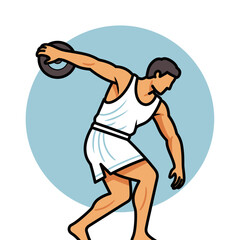 A person throws a discus wearing athletic attire in a stylized illustration.