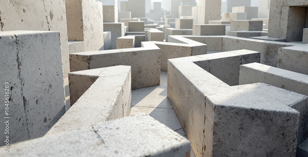 Poster abstract concrete maze with geometric shapes in sunlight, symbolizing strategic planning, complexity