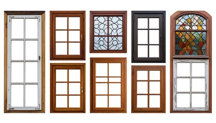 Collection of various antique wooden window frames.