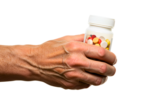 Elderly hand holding small bottle of colorful pills isolated on transparent background