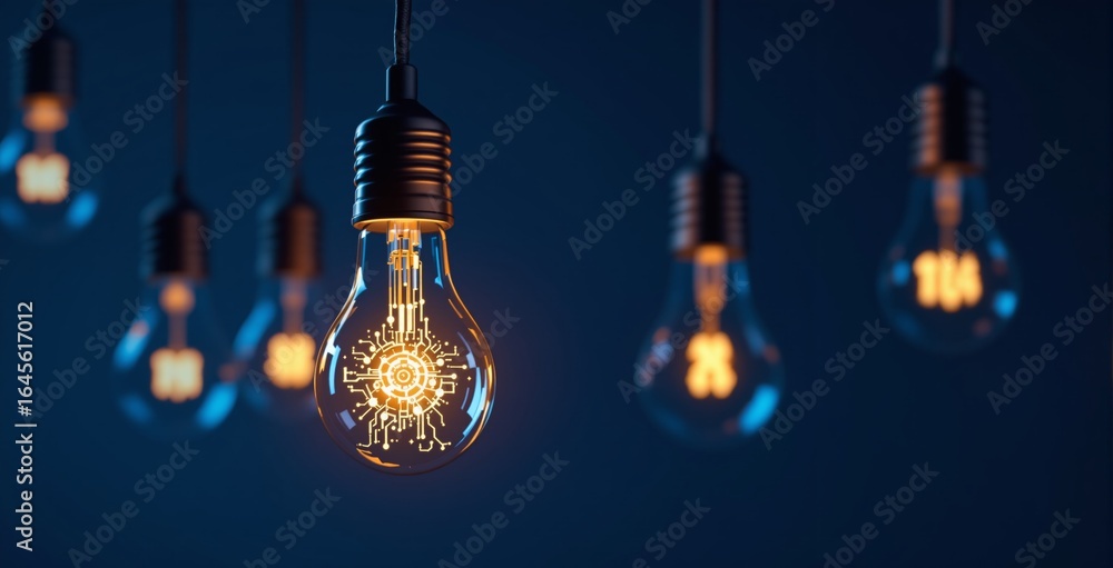 Poster glowing lightbulbs with digital circuit patterns hanging in a row on a dark blue background represen