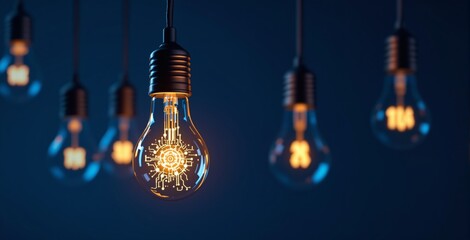 Glowing lightbulbs with digital circuit patterns hanging in a row on a dark blue background representing innovation and technology concept. Ai generative
