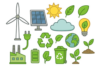 Renewable energy icon set. Green technology and sustainability concepts. Eco friendly power, ecology conservation illustration. Wind turbine, solar panel, recycling symbol vector.