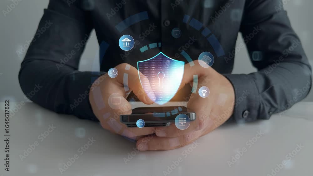 Poster network security system. personal data information on smartphone.information and cyber security tech
