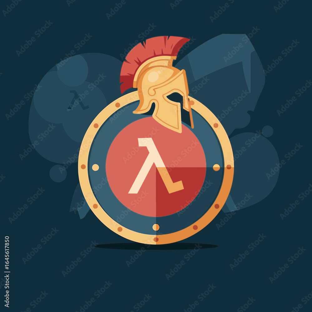 Poster a spartan helmet and shield with a lambda symbol on a circular emblem.