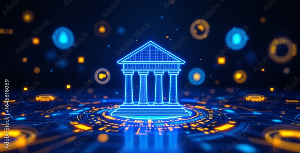 Poster futuristic digital bank interface concept with glowing neon lines and circuit elements on dark backg