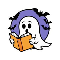 Cute Ghost Reading Book With Bats And Moon Illustration