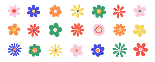 Daisy flowers collection. Cartoon set of simple chamomile in flat design. Groovy retro floral cute vector. Vintage style.