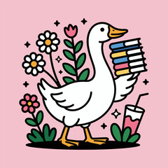 Cute Goose Carrying Books With Flowers And Drink Illustration