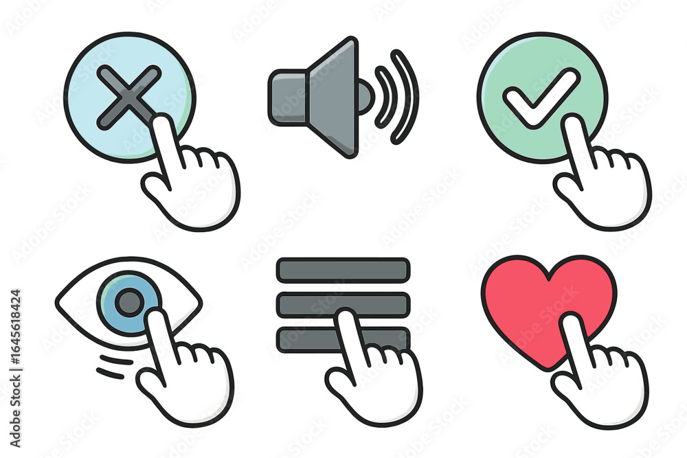 Aufkleber user interface icon set with hand cursor. click buttons for like, close, confirm, view, menu. concep