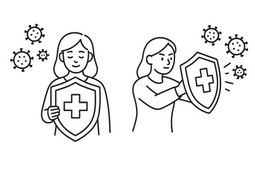 Woman with shield protecting against virus and bacteria. Concept of immune system, health defense, medical protection, immunity boost, disease prevention. Line art vector.