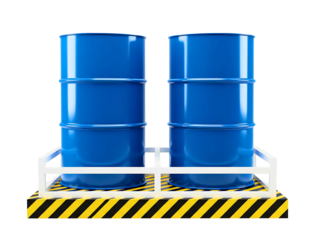 Two blue industrial barrels on a white pallet with hazard stripes isolated on transparent background
