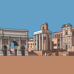 Obraz premium Architectural illustration of buildings including an arch and columns under a blue sky.