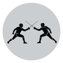 Fototapeta premium Two silhouetted fencers engage in a duel with swords within a circular shape.