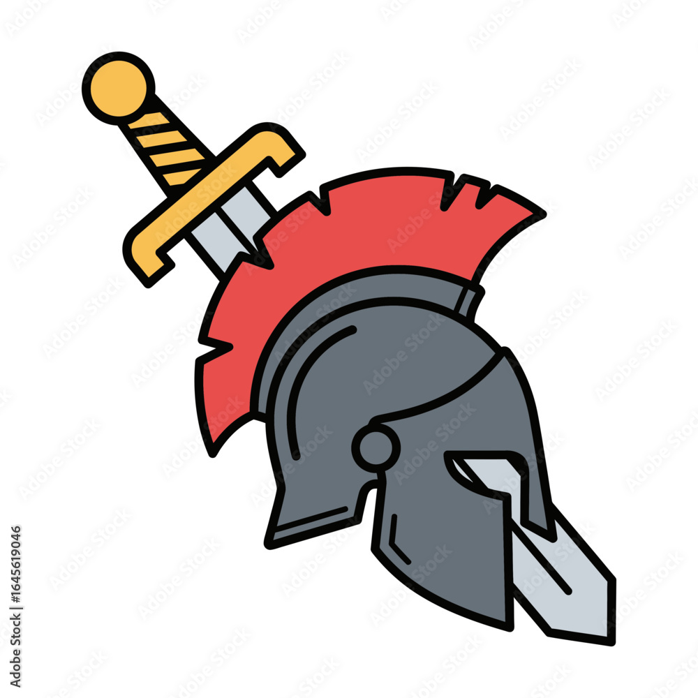 Poster a helmet with a red crest and a sword crossing through it.