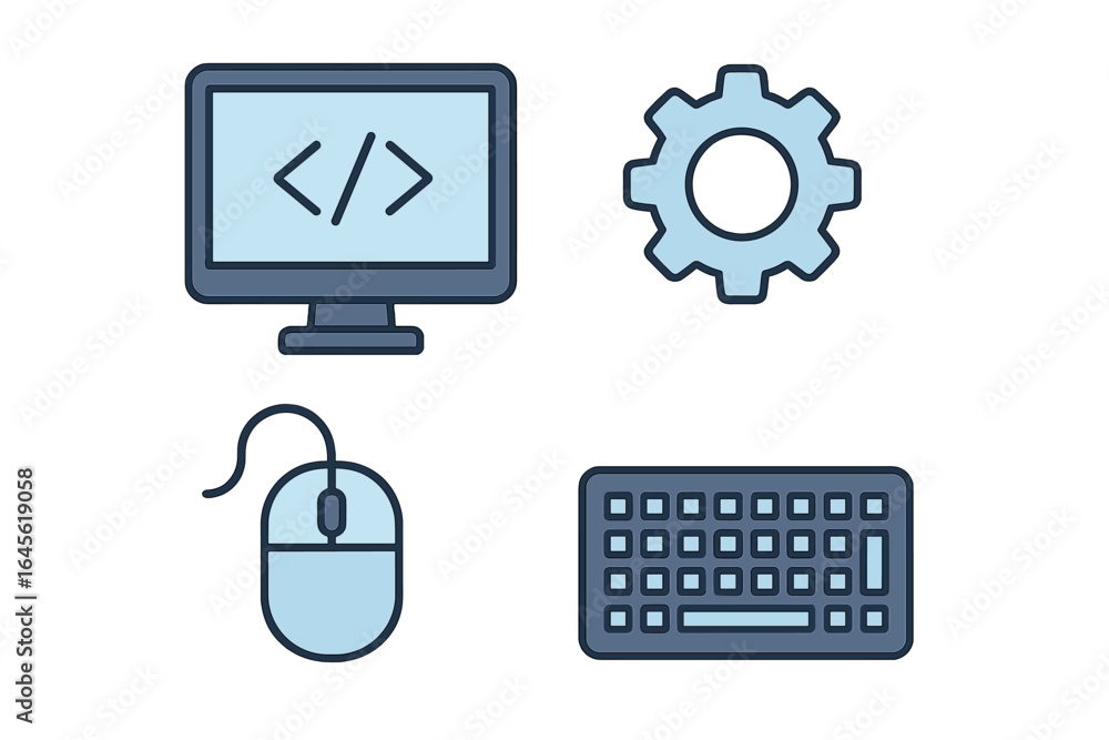 Poster web development icon set. modern digital tools for programming. computer, code, mouse, keyboard, and