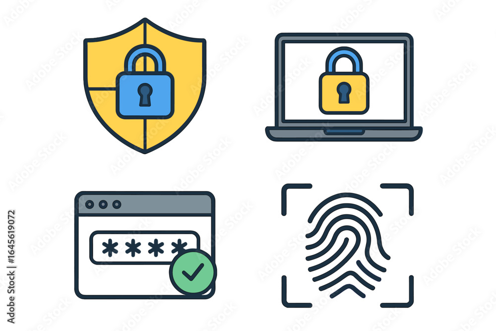 Poster security icons set. digital protection and authentication concepts. vector symbols for cybersecurity