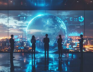 AI-Powered Global Business Management with Holographic Globe – Vector Illustration