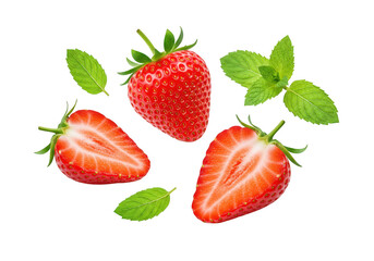 Fresh strawberries and mint leaves isolated on transparent background