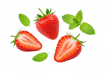 Fresh strawberries and mint leaves isolated on transparent background