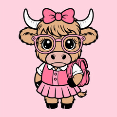 Cute Cow Schoolgirl in Pink Dress with Glasses and Backpack Illustration
