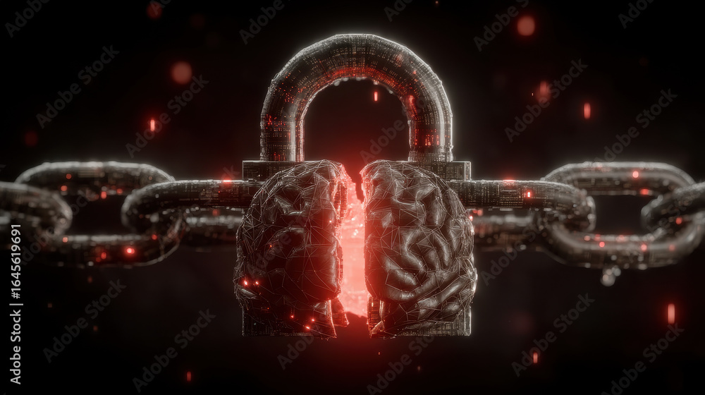 Poster ai brain enclosed in chains with glowing locks illustrating regulation and control in dark technolog