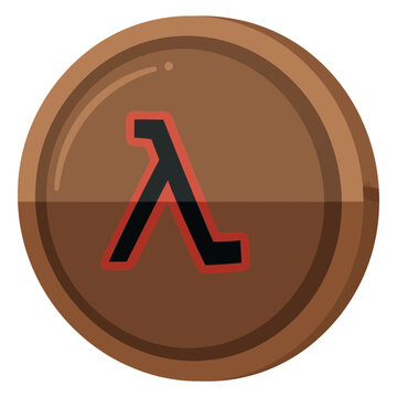 A brown coin features a red-outlined lambda symbol in its center.