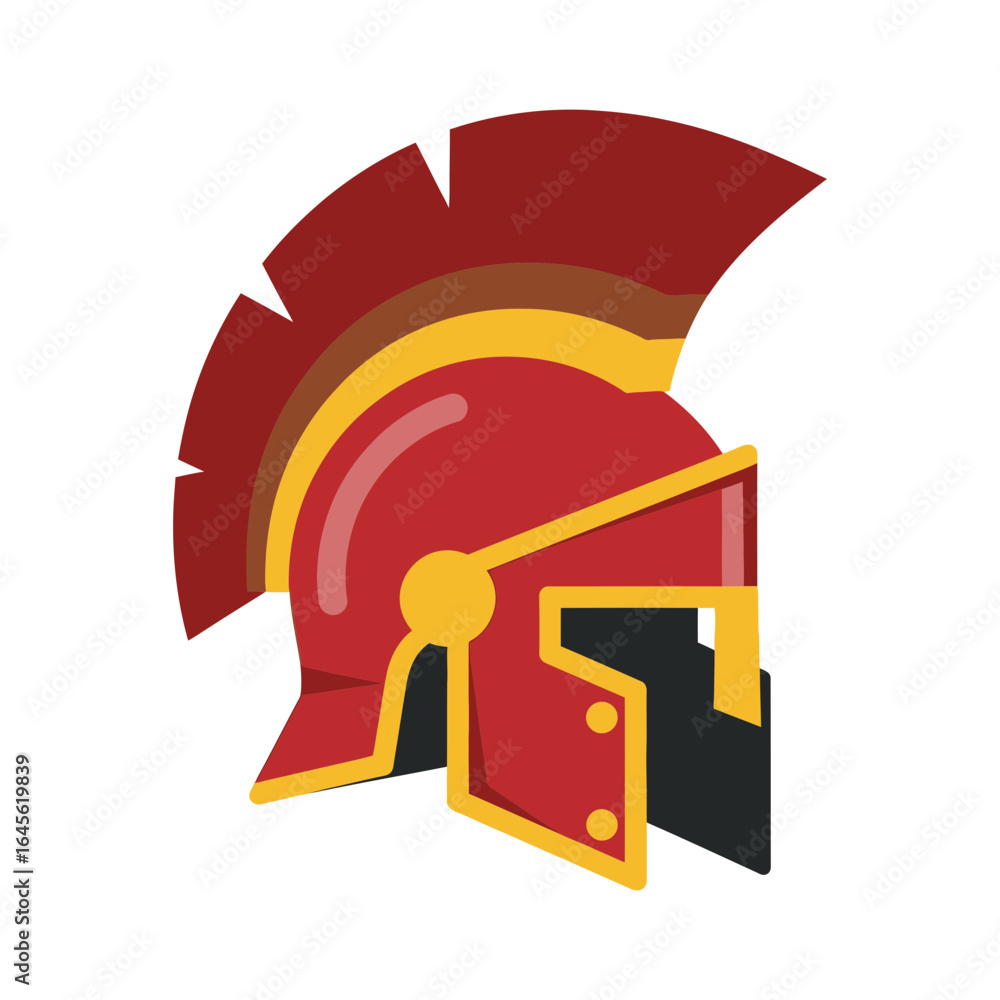 Poster a red and gold helmet with a crest and cheek guards.