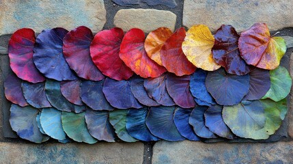 Autumn leaves display a captivating gradient of color arranged on stone surface