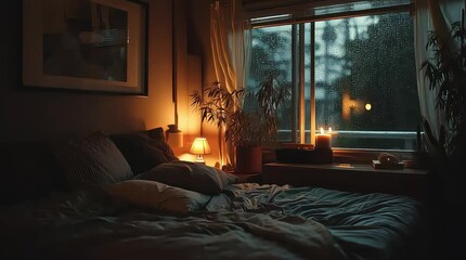 Cozy bedroom scene featuring a bed with pillows and a window view of a rainy night outside