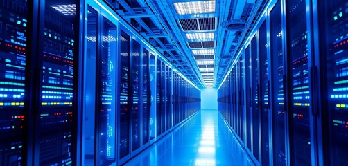 Sleek blue-lit corridor showcasing glowing server racks in a futuristic data center,  center,   future technology