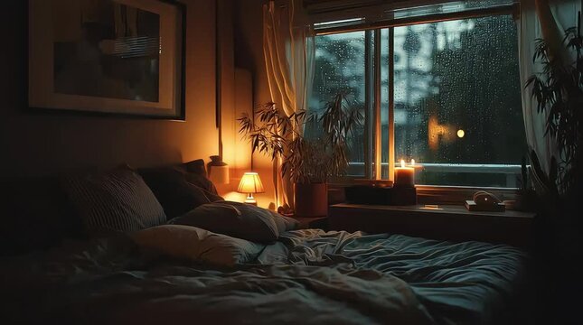 Cozy bedroom scene featuring a bed with pillows and a window view of a rainy night outside