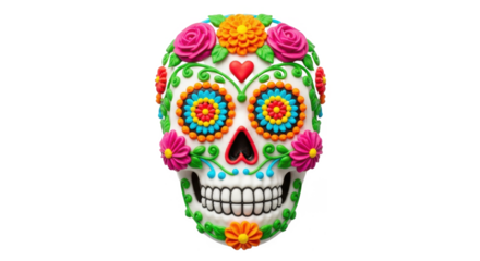 Colorful sugar skull decoration, vibrant floral design, festive memento.