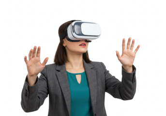 Woman using virtual reality headset isolated on transparent background