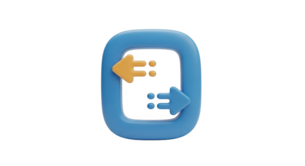 3d icon of a blue square with yellow and blue arrows pointing in opposite directions, isolated on transparent background, symbolizing exchange and transfer