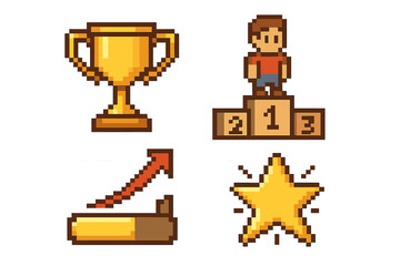 Pixel art icons for achievement, progress, success. Retro 8-bit game style vector set with trophy, podium winner, growth chart arrow, and star. Gamification elements.